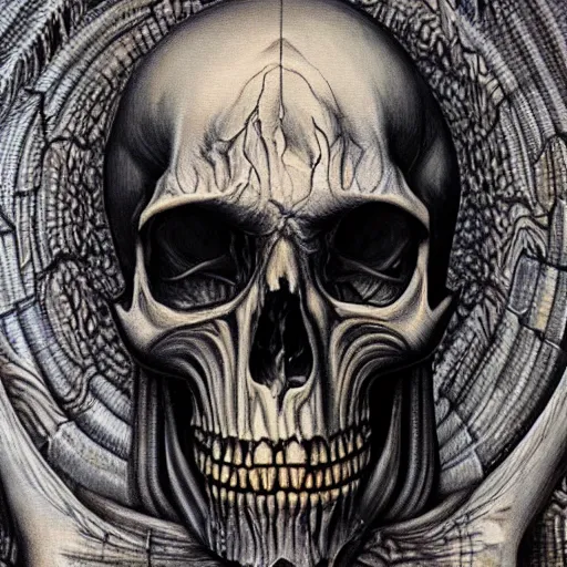 Prompt: ultra intricate detailed HR Giger painting of a human skull