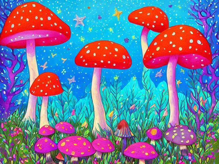 Prompt: digital painting detailed beach and shoreline starfish magical forest flowers mushrooms painted by jeremiah ketner