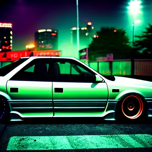 Image similar to a car JZX90 turbo at illegal car meet, Saitama prefecture, city midnight mist neon lights, cinematic color, photorealistic, highly detailed, 200MM