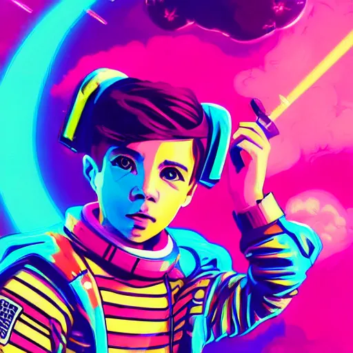 Prompt: a stylized portrait of a young boy as an astronaut with a ray-gun, stylized, arcane magic, magenta and turquoise vapor, vaporwave, vivid color, lens flare, volumetric light from above, background by liam wong, art by raymond swanland + marc simonetti + greg rutkowski + harumi hironaka