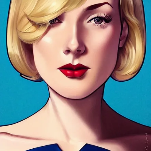 Image similar to a beautiful pin - up portrait of a beautiful cute superhero woman, blonde hair, bob haircut, matte navy - blue bodysuit, white cape, intricate, elegant, 8 k, highly detailed, digital painting, concept art, smooth, sharp focus, illustration, anime, artgerm and loish and wlop and alphonse mucha