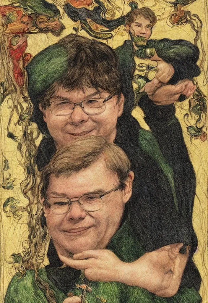 Image similar to Yann LeCun smiling on the Rider–Waite tarot. Illustration by preraphaelists.