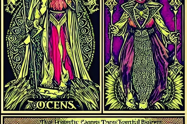 Image similar to tarot card designs featuring magic gemstones, ornate pattern borders