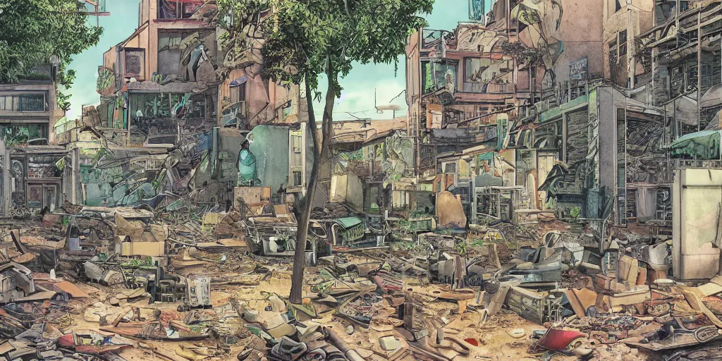 Prompt: full page comic book drawings of desolate urbex scenes urban hell on a hot summer evening, tropical color palette, by carel willink and gregory crewdson, moebious, jean giraud, comic book panels, octane render