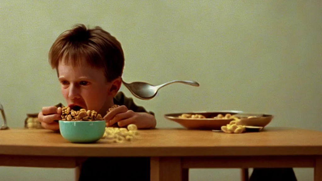 Prompt: a kid eats cereal from a bowl at a table, film still from the movie directed by Wes Anderson with art direction by Zdzisław Beksiński, wide lens