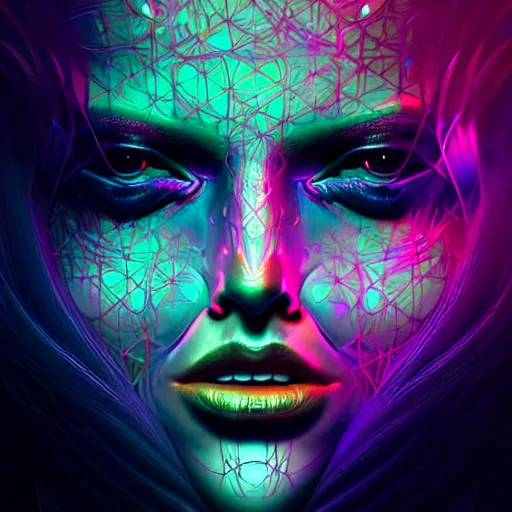 Prompt: fantasy abstract neon faces on a 8k dark background, pattern, by Josan Gonzalez and Bastien Lecouffe-Deharme, so realistic and stunning, untouchable, small brush, elegant.