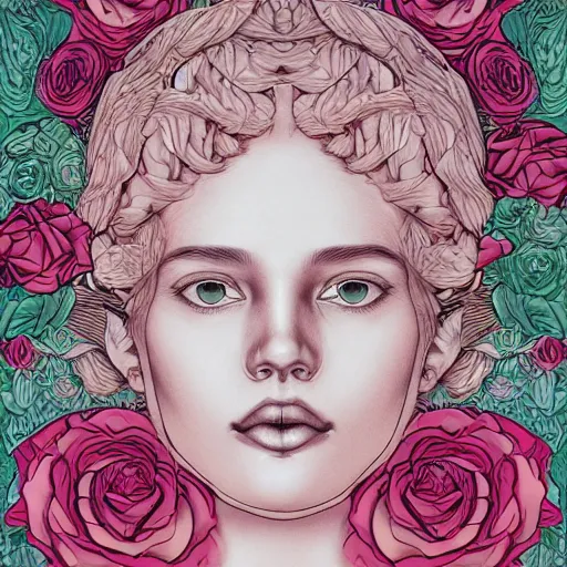 Image similar to the anatomy of a head of lettuce with roses that resemble a beautiful young woman of color looking up, an ultrafine detailed illustration by james jean, intricate linework, bright colors, final fantasy, behance contest winner, vanitas, angular, altermodern, unreal engine 5 highly rendered, global illumination, radiant light, detailed and intricate environment