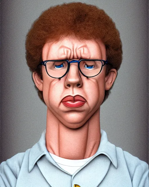 Image similar to character portrait of napoleon dynamite with the body of arnold schwarzenegger, 8 k, ultra realistic, photorealistic, fine details