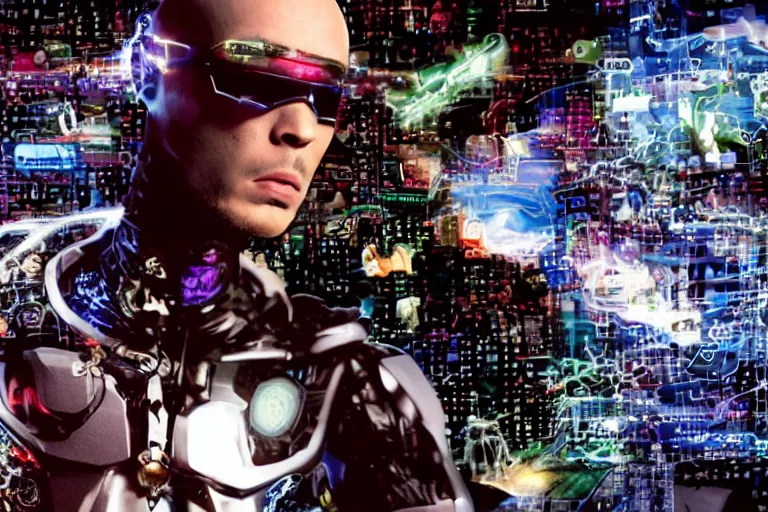 Prompt: cyborg - pitbull, surrounded by screens, in the future, y 2 k cybercore, industrial low - light photography, still from a ridley scott movie