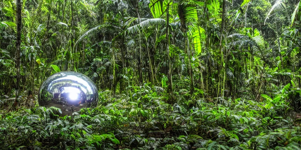 Image similar to photo of a chrome blob deep in the amazon jungle, wide shot