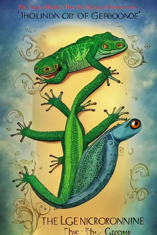 Prompt: book title the legend of the geckronome book cover