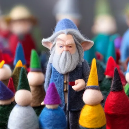 Image similar to felt point figures of bilbo's birthday party, gandalf, fireworks, frodo, pippin, merry, cute, tilt shift, award winning, highly textured