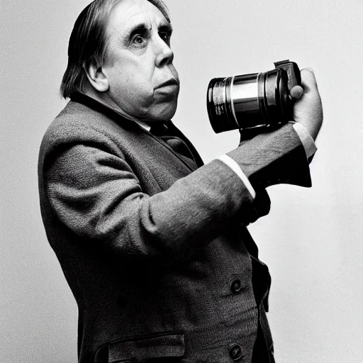 Image similar to Timothy Spall as Simon Graham holding a camera from the 1800s.