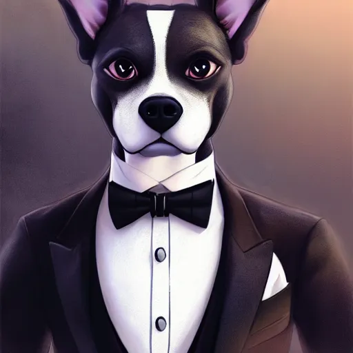 Prompt: an anthropomorphic dog wearing a tuxedo suit,Character design by charlie bowater, ross tran, artgerm, and makoto shinkai, detailed, inked, western comic book art, 2021 award winning painting,photorealistic,detailed face,professional lighting,studio photograph,hyperdetailed,art by greg rutkowski,digital art