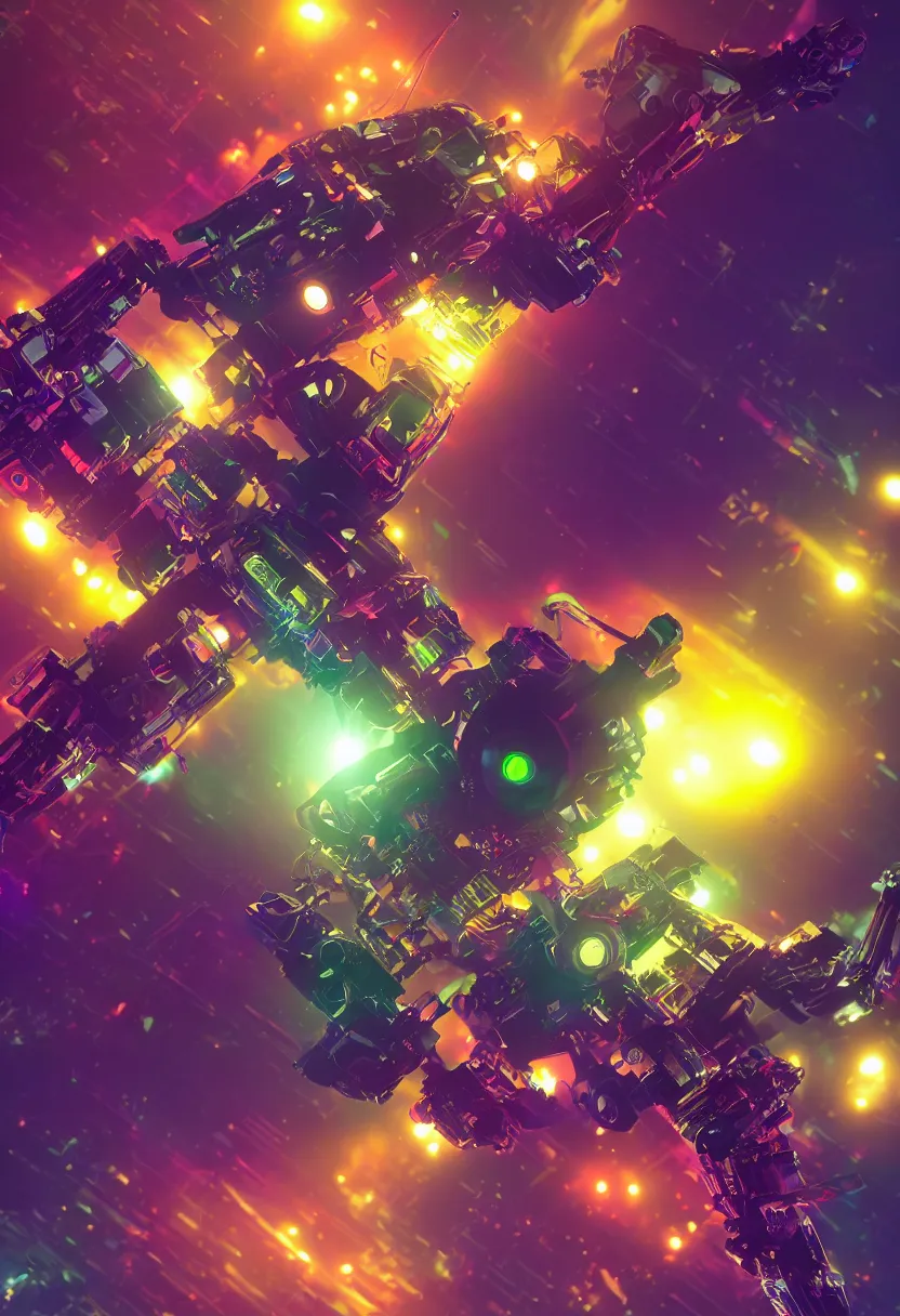 Prompt: vivid colors, spectrum, robot, drama, high quality, vray, cg, crazy, space