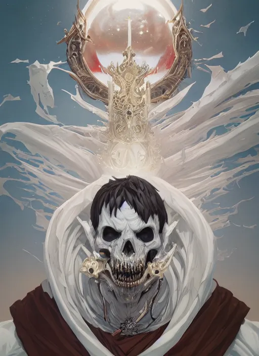 Image similar to highly detailed portrait of majestic undead king, ainz ooal gown, in minimalism, stephen bliss, unreal engine, fantasy art by greg rutkowski, loish, rhads, tristan eaton, makoto shinkai and lois van baarle, ilya kuvshinov, rossdraws, tom bagshaw, alphonse mucha, global illumination, radiant light, detailed and intricate environment