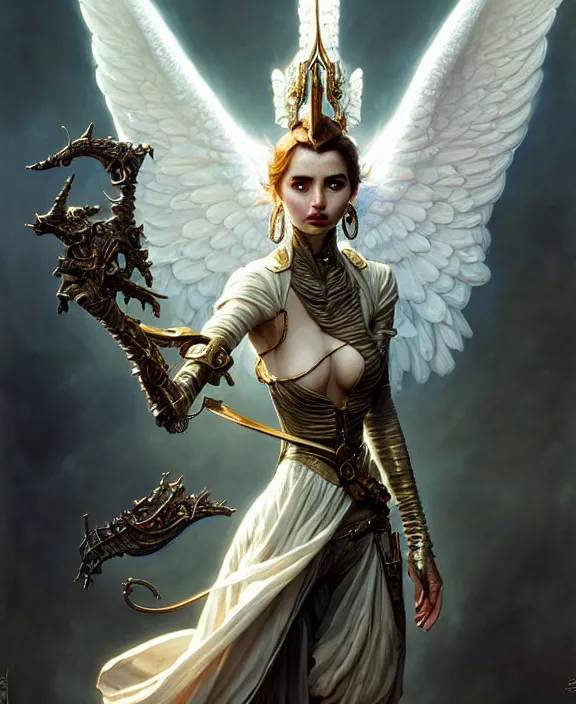 Image similar to beautiful fantasy character portrait, ana de armas, ultra realistic, wide angle, intricate details, the fifth element artifacts, highly detailed by peter mohrbacher, hajime sorayama, wayne barlowe, boris vallejo, paolo eleuteri serpieri, dishonored 2, white gown, angel wings
