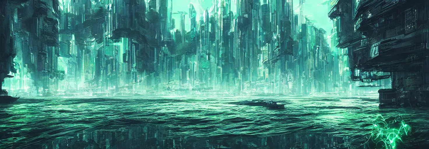 Image similar to reflective waves, cyberpunk texture, green coloring, by studio ghibli and greg rutkowski