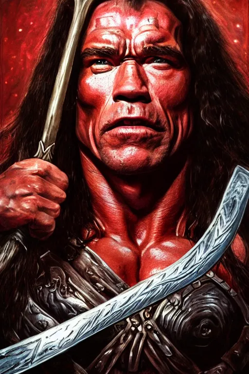 Image similar to Portrait of a Arnold Schwarzenegger as conan barbarian with a huge steel sword, elegant, photorealistic, highly detailed, artstation, smooth, sharp focus, blood ornaments, neon lighting, sci-fi, art by Klimt