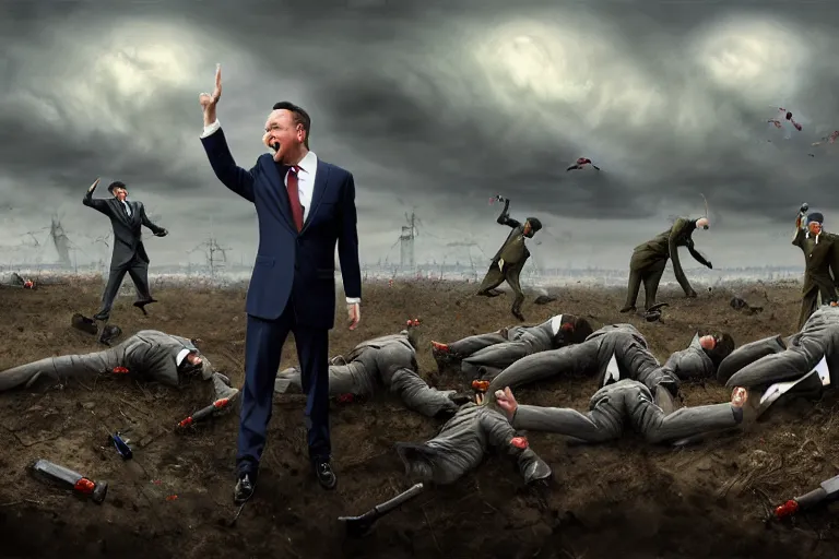 Image similar to one Comedian in suit and tie performing in a battle-field with dead bodies on the ground, comedian is funny, performing to dead soldiers, nuclear bomb in far horizon, apocalypse, trending on artstation, artstationHD, hyperdetailed matte painting, highly detailed, digital painting, hyper-realistic, realistic, photo-realistic