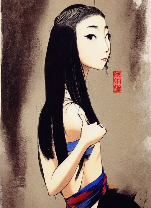 Prompt: painting of a young japanese woman standing in harajuku street, confident pose, intricate, elegant, sharp focus, illustration, highly detailed, concept art, art by frank frazetta