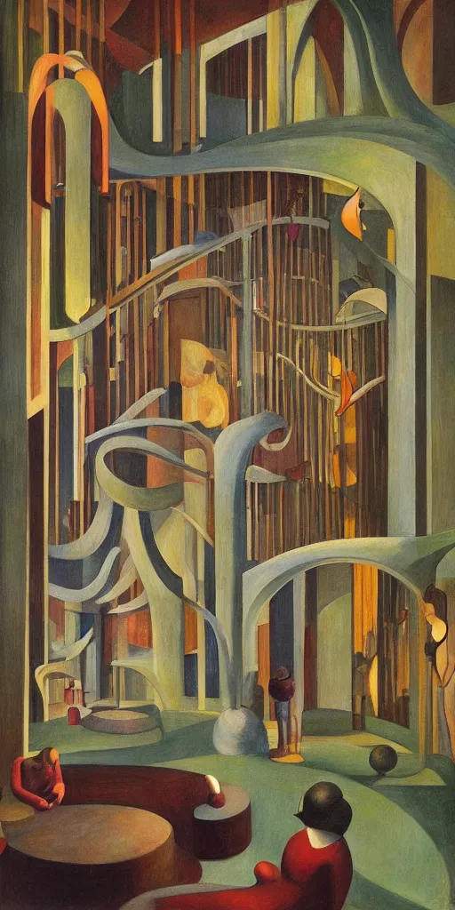 Image similar to fantastical biomorphic atrium, grant wood, pj crook, edward hopper, oil on canvas