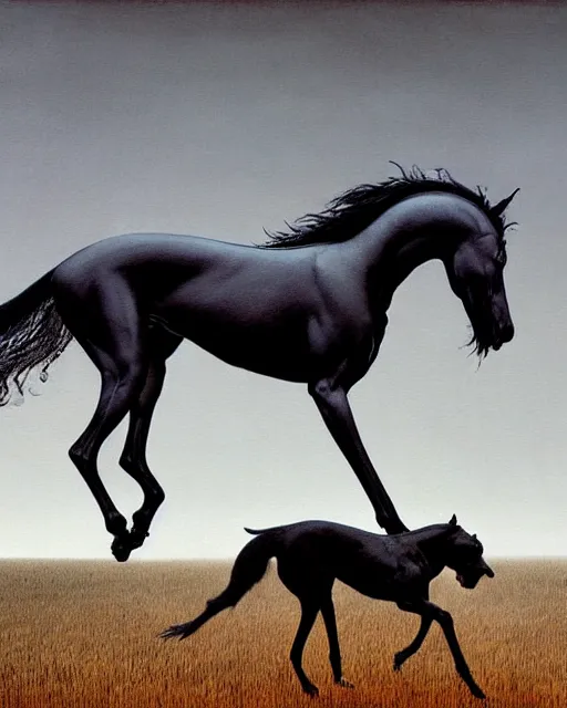 Prompt: painting of hybrid between black weimaraner & black stallion horse! & intercrossed animal, by zdzislaw beksinski, by mattias adolfsson, concept art, single object scene, beautiful composition, 8 k, wide angle shot, fast shutter, dslr camera,