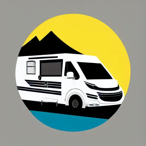 Image similar to very very very minimal vector graphic of a white and black thor chateau motorhome, color highway, mountains and sunset!!, all enclosed in a circle, white background, dramatic, professional minimal graphic design cartoon, award winning