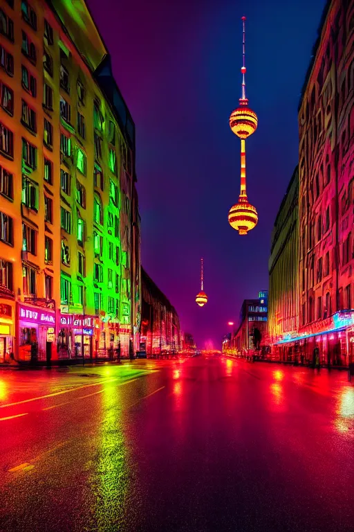 Prompt: neon streets of berlin, 4 k, award winning photo