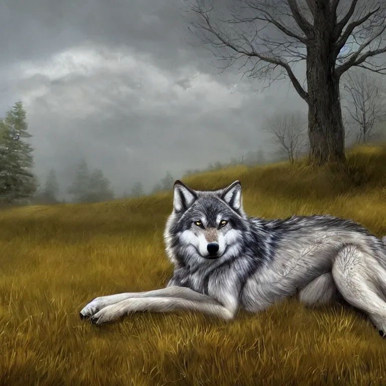 Prompt: Majestic wolf on the heath. Rough brushstrokes. Beautiful detailed scene. Interesting natural colour scheme. Beautiful artistic digital painting by Lurid (2022)