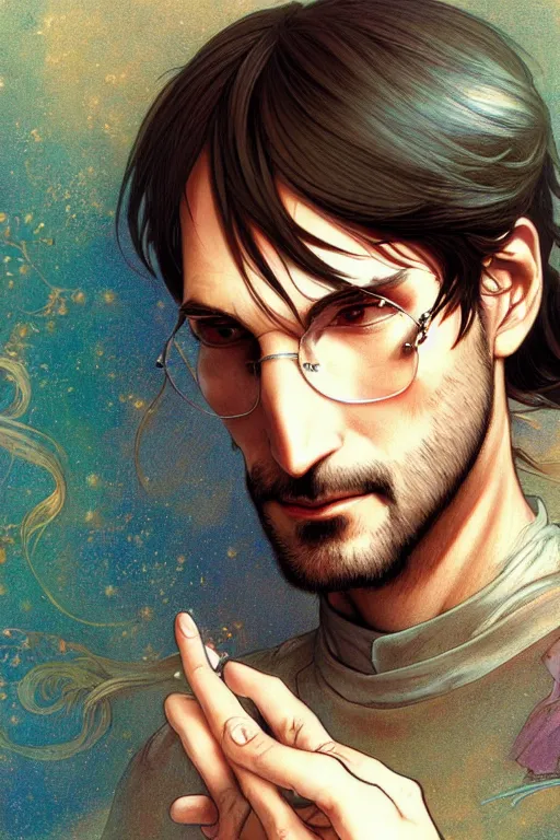 Image similar to steve jobs as an anime character, portrait, fantasy, intricate, elegant, highly detailed, digital painting, artstation, concept art, smooth, sharp focus, illustration, art by gaston bussiere and alphonse mucha