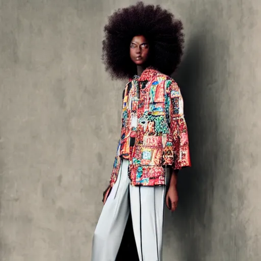 Prompt: black fashion model with afro, standing at black wall, official valentino editorial, highly detailed