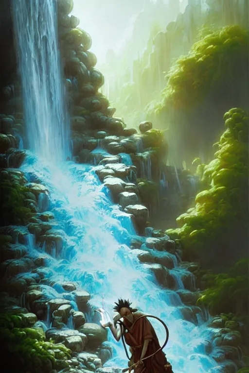 Image similar to water faucet person dnd character with a waterfall behind them by peter mohrbacher, basquiat