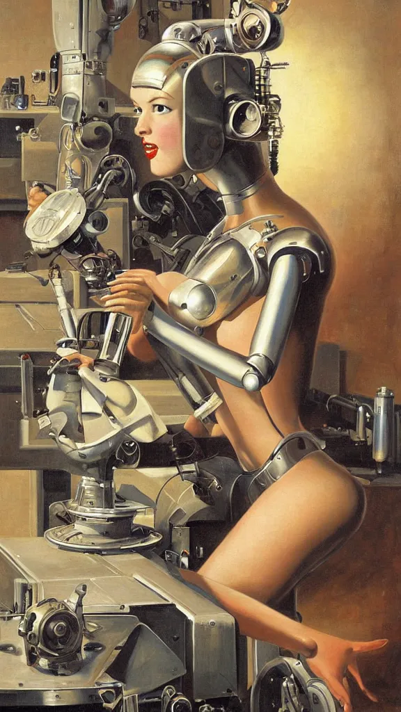 Prompt: robot painting a robot on canvas, intricate, highly detailed, photorealistic, film still, by gil elvgren.