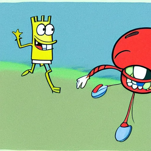 Prompt: a authentic looking picture of plankton holding a krabby patty and running away from the krusty krab with spongebob and mr. krabs chasing, hand drawn illustration, cartoon
