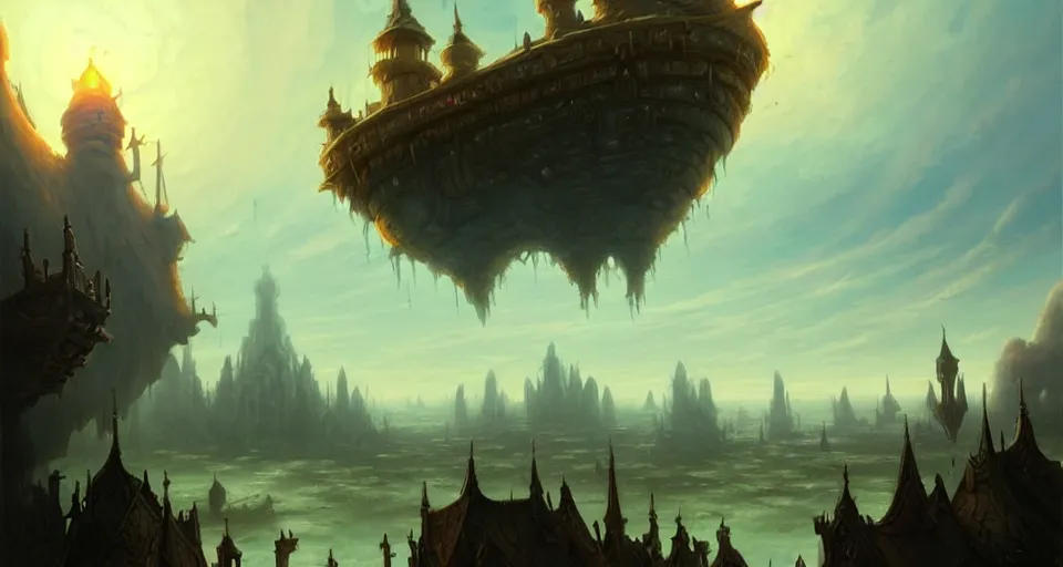 Image similar to low fantasy, landscape an ancient floating city in the sky and an sky - ship flying towards it andreas rocha
