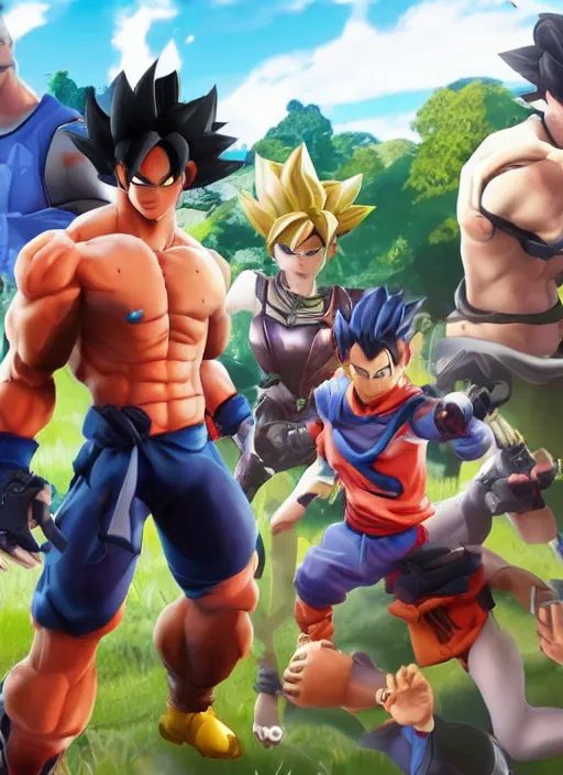 Image similar to game still of a sayan goku as a fortnite skin in fortnite by fortnite, pose.