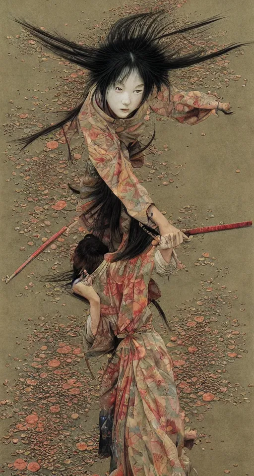 Image similar to Japanese schoolgirl runs away from Samurai with a katana on the subway, high detailed Beksinski painting, part by Adrian Ghenie and Gerhard Richter. art by Takato Yamamoto. masterpiece