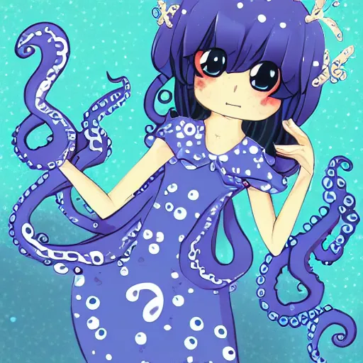 Prompt: a cute octopus girl with a flowy dress under the sea trending on art station anime style