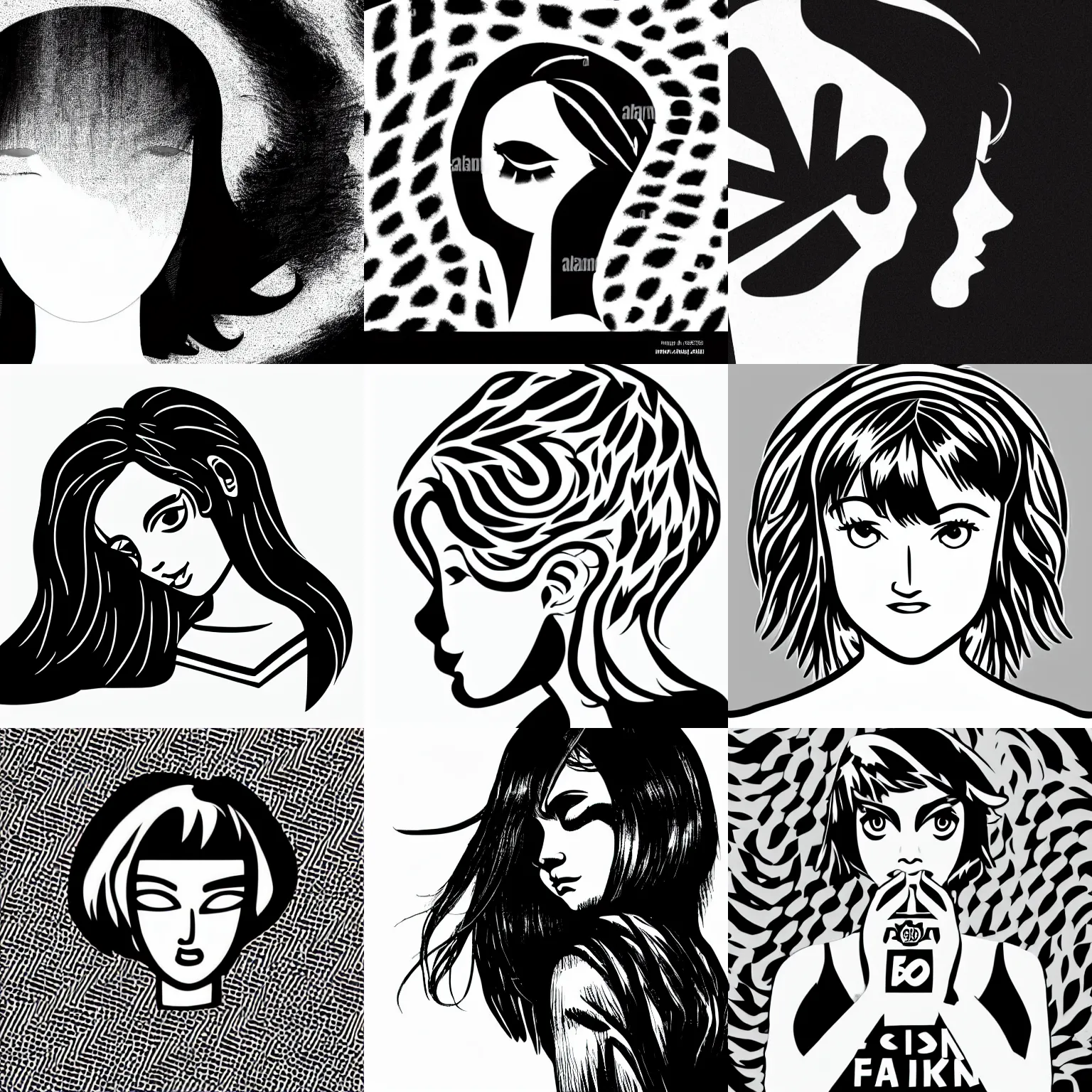 Image similar to black and white logo of faceless woman head and shoulders and hair, central composition, elegant, simple, in style of scott pilgrim