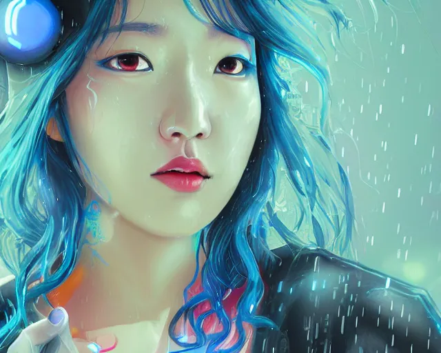 Image similar to a digital painting of park shin hye in the rain with blue hair, cute - fine - face, pretty face, cyberpunk art by sim sa - jeong, cgsociety, synchromism, detailed painting, glowing neon, digital illustration, perfect face, extremely fine details, realistic shaded lighting, dynamic colorful background