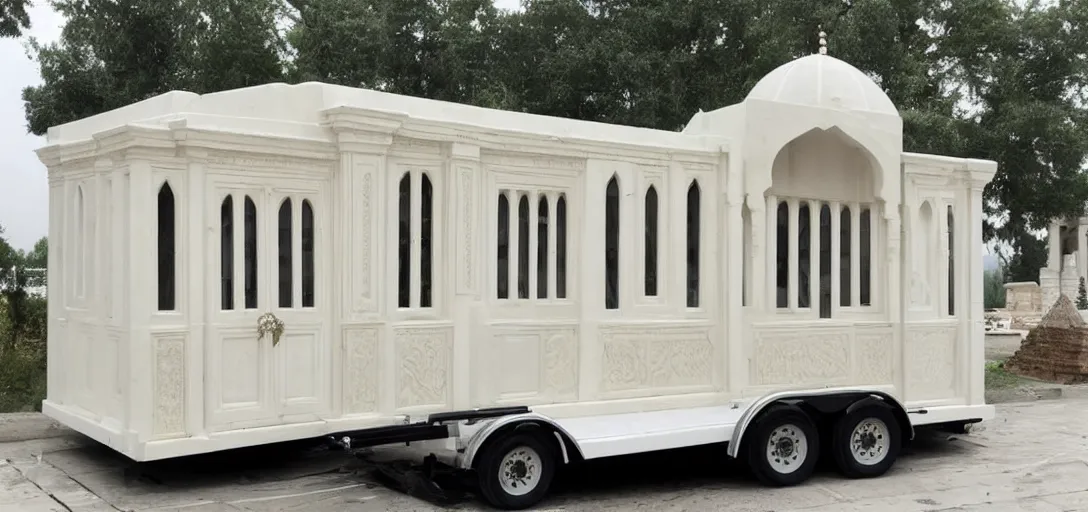 Prompt: islamic and indian - inspired ivory - white marble tiny mausoleum on trailer