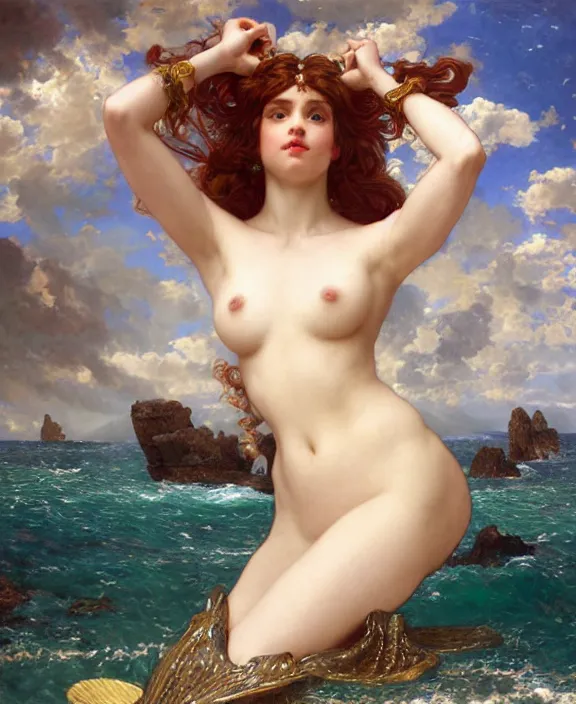 Image similar to a detailed hyperrealistic renaissance mermaid wearing an a intricate beautiful thick leather garters set, honey birdette, realistic renaissance portrait, highly detailed, digital painting, artstation, concept art, smooth, sharp focus, cinematic lighting, art by artgerm and wlop and alphonse mucha and john william godward, john william waterhouse