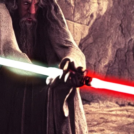 Prompt: gandalf fighting with a lightsaber in the star wars universe, dramatic lighting,