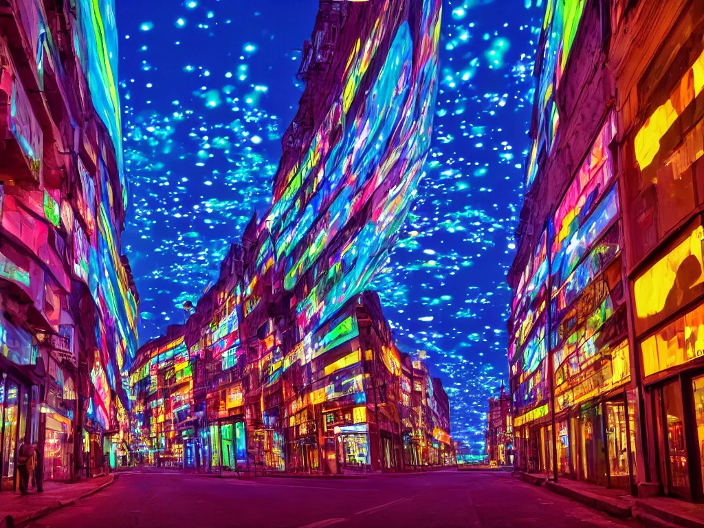 Image similar to streets with curved translucent screens projecting detailed art ( 2 0 4 2 ), large colorful images, pixel perfect photograph, high contrast, volumetric lighting, thin glowing lights, chair, users, pair of keys