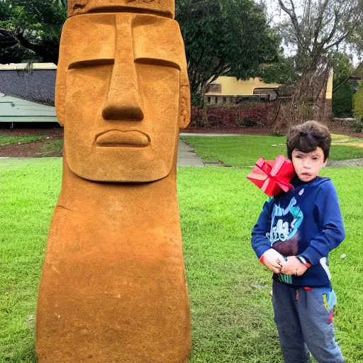 Image similar to a kid at christmas disappointed that his present was a giant moai statue