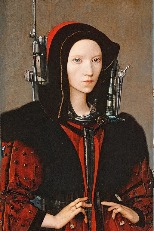 Image similar to a close - up portrait of a cyberpunk cyborg girl, by jan van eyck, rule of thirds