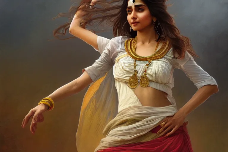 Image similar to Beautiful pale young Indian doctor wearing a skirt dancing in Texas, portrait, elegant, intricate, digital painting, artstation, concept art, smooth, sharp focus, illustration, art by artgerm and greg rutkowski and alphonse mucha