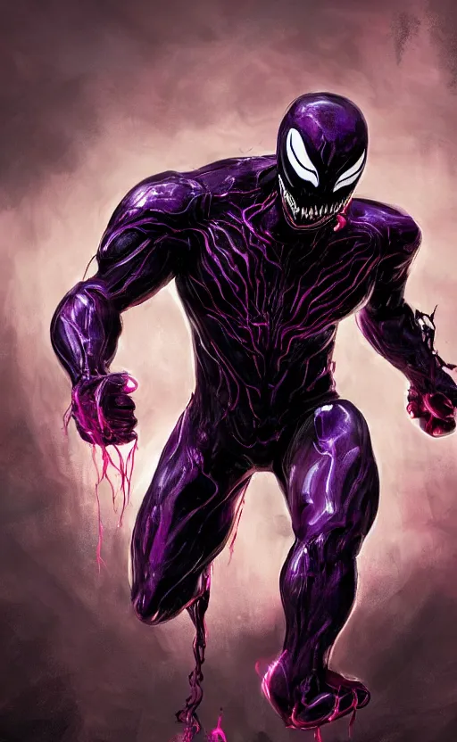 Image similar to venom in a venom inspired ironman suit, purple, black and red, dynamic lighting, photorealistic fantasy concept art, trending on art station, stunning visuals, terrifying, creative, cinematic