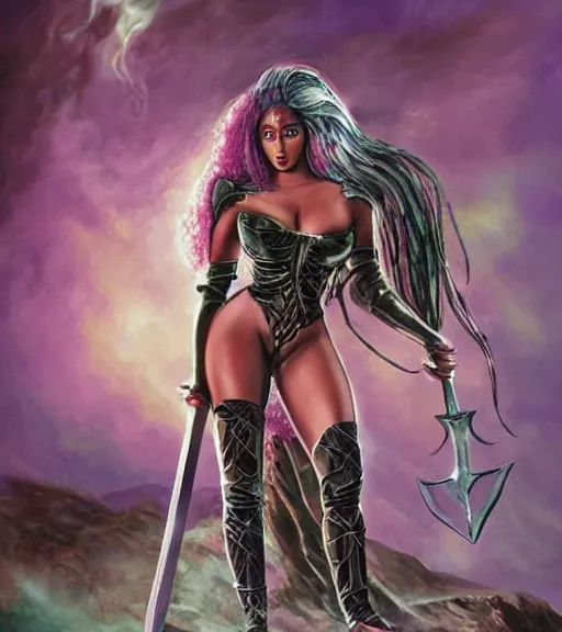 Image similar to 1 9 8 0 s fantasy novel book cover, nicki minaj in extremely tight bikini armor wielding a cartoonishly large sword, exaggerated body features, dark and smoky background, low quality print
